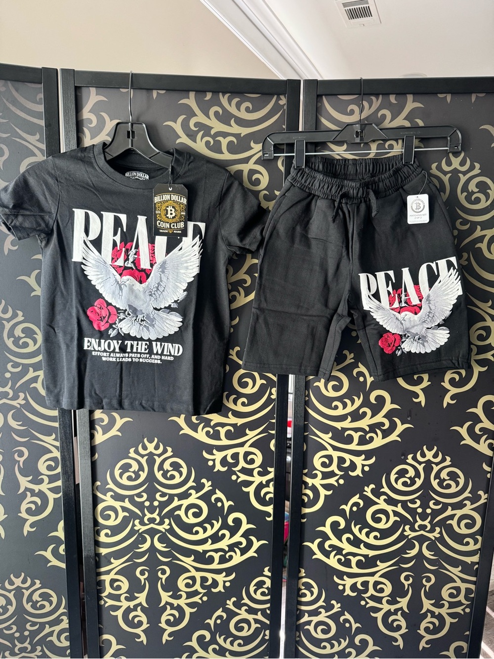 Kids Black 'Peace' Graphic Tee & Shorts Set by